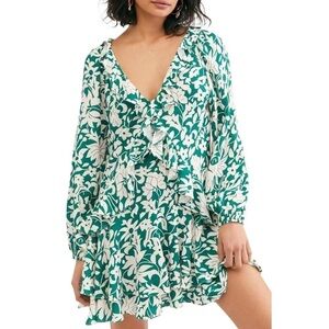 Free People Rebecca Floral Ruffle Long Sleeve Casual Green & White Mini Dress L